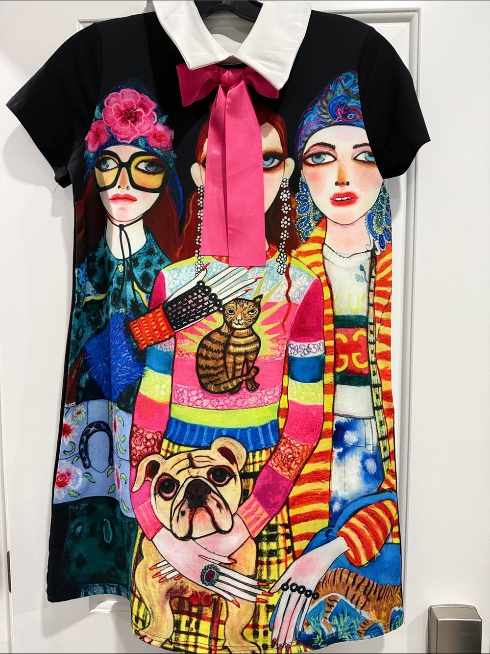 ' Black Multi-Color Graphic Shirt Dress with Pink Bow